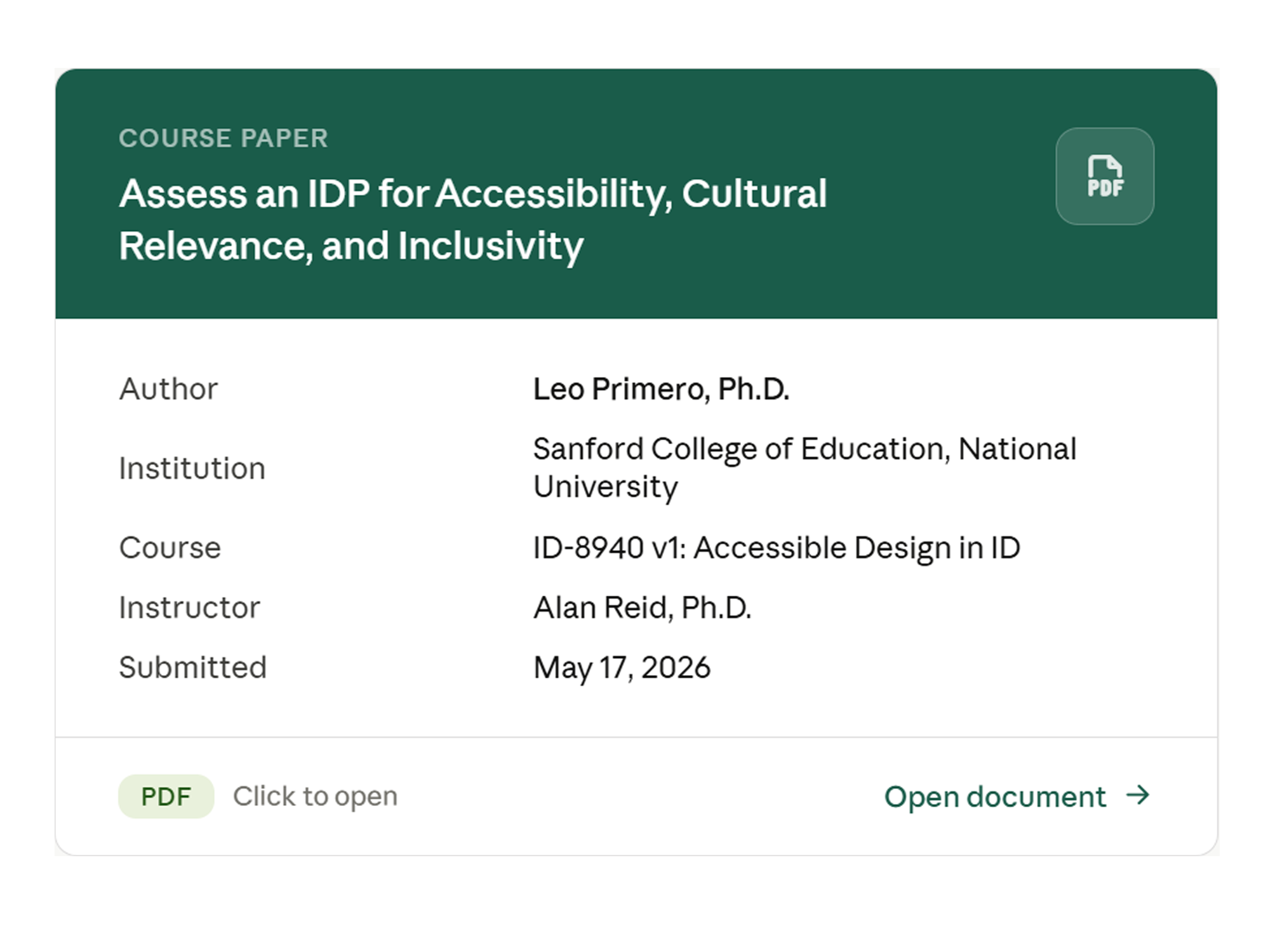 Preview of the Accessibility and Inclusion IDP Evaluation.