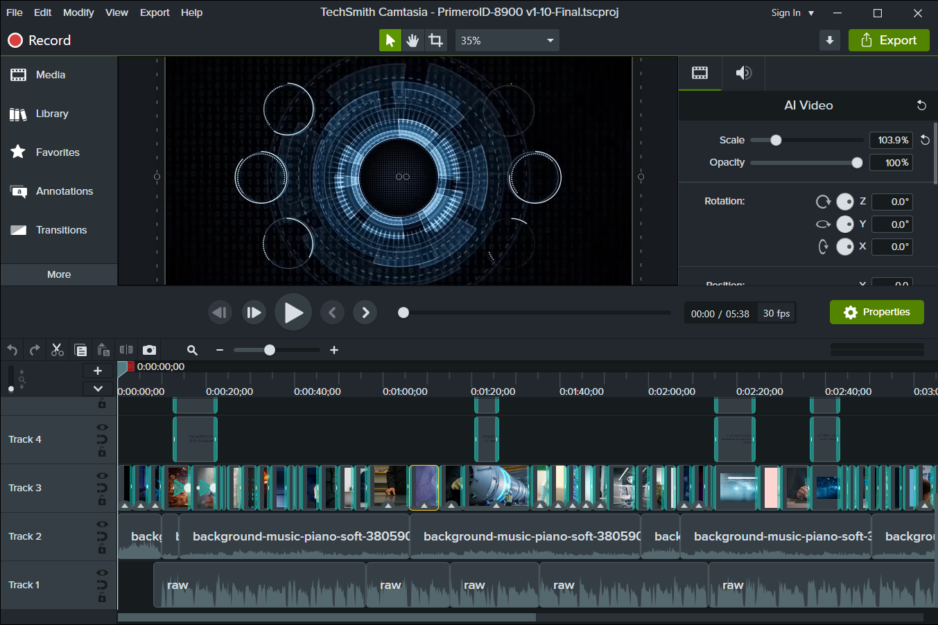Camtasia interface displaying video narration, captions, and quiz segments for the instructional design infomercial.